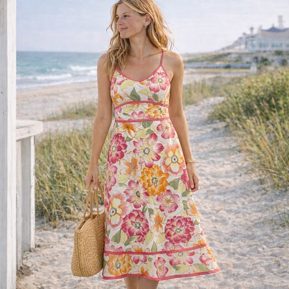 Citrine Floral Midi Dress Sleeveless Pink Orange Fit Flare Women's 10 Summer